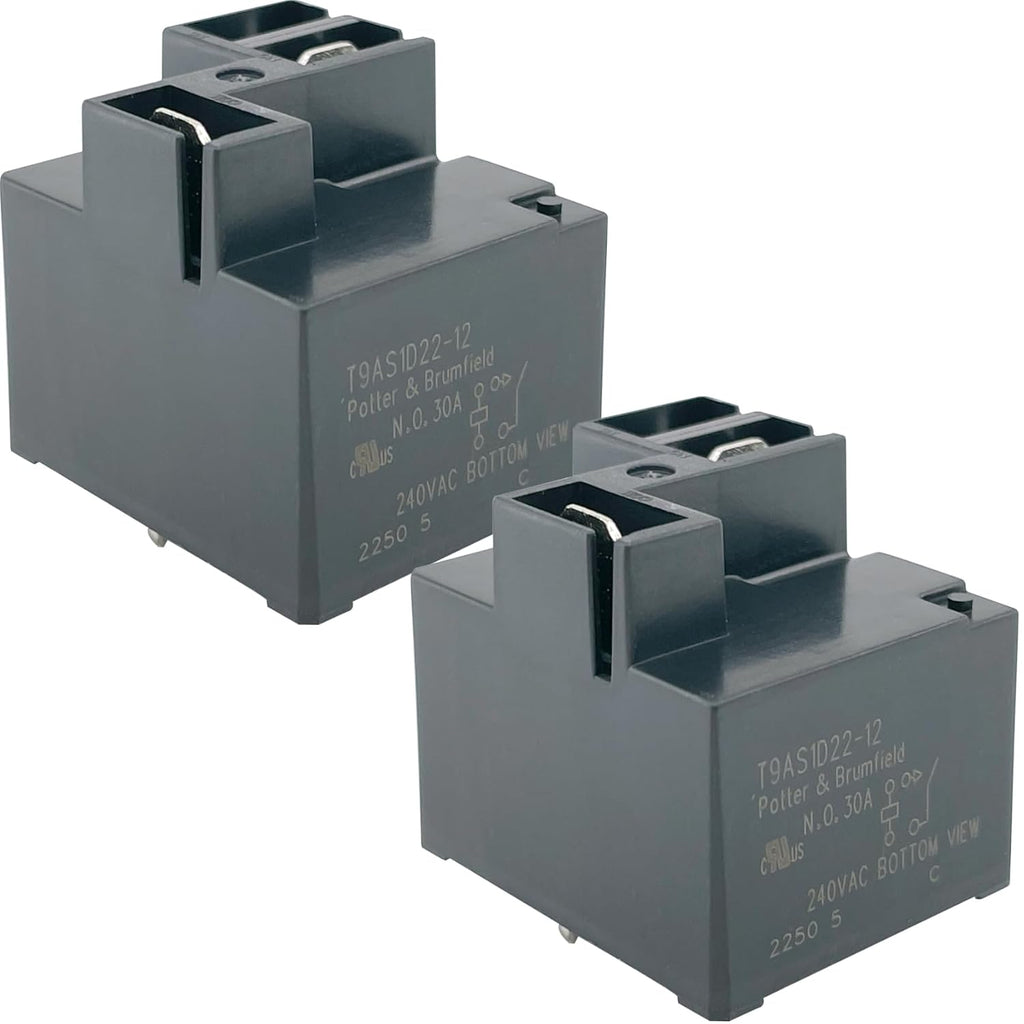 T9AS1D22-12 (2-Pack) 30A 240VAC 12VDC Coil Power Relay Compatible with GE Whirlpool Range Oven HVAC Control, SPST-NO 4-Pin PCB & 2-Tab Top Terminals Replacement for 1424169, PB163