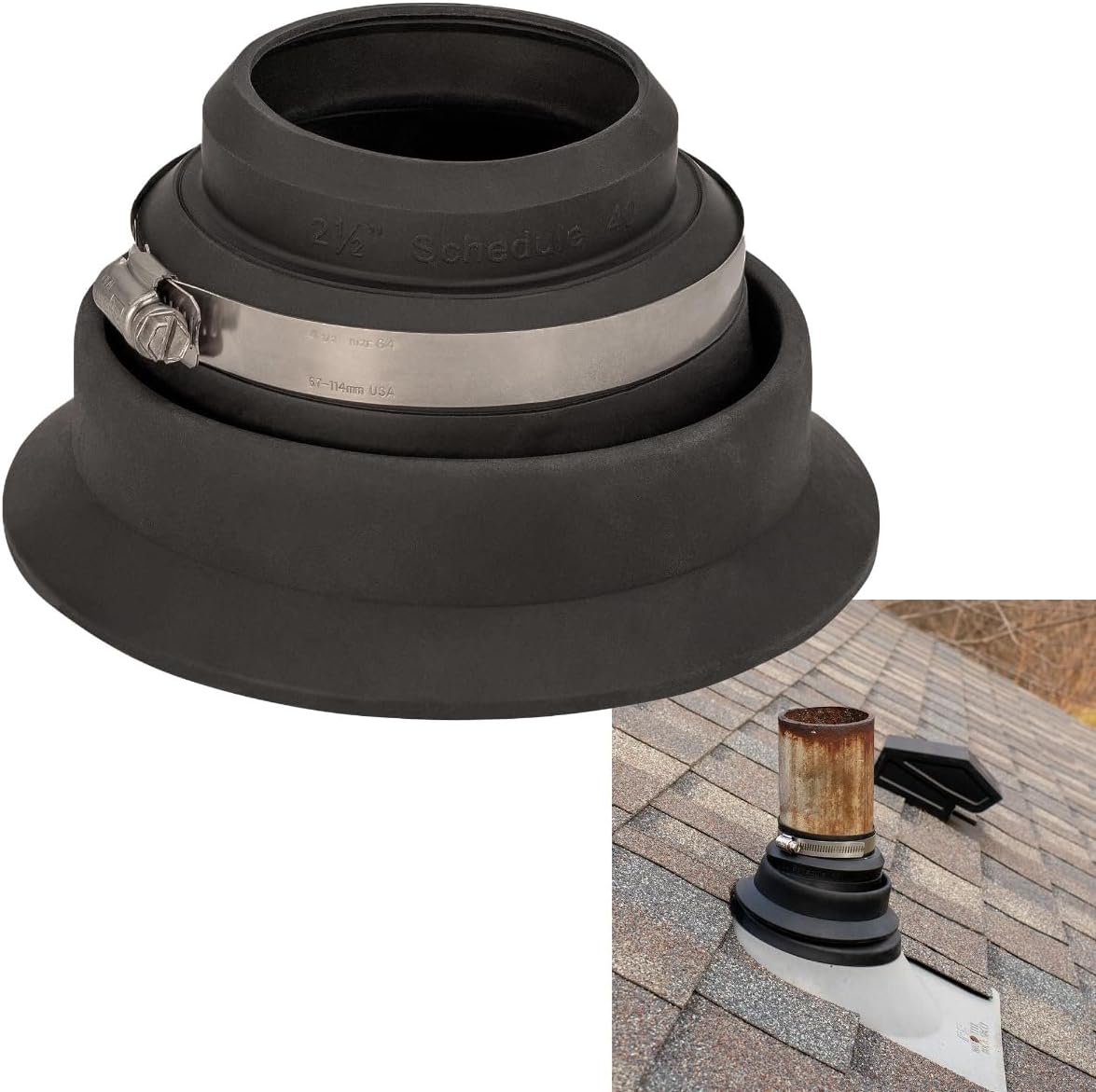Roof Pipe Flashing Collar Repair Boot for 2.5″–3″ Vent Pipes — Thermoplastic Rubber Roof Vent Boot with Stainless