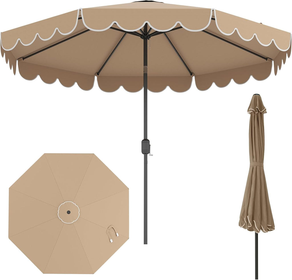 10 FT Patio Umbrella, Market Table Umbrella w/Crank, Push Button Tilt, Ruffled Edges, Vented Top & 8 Ribs, Outdoor