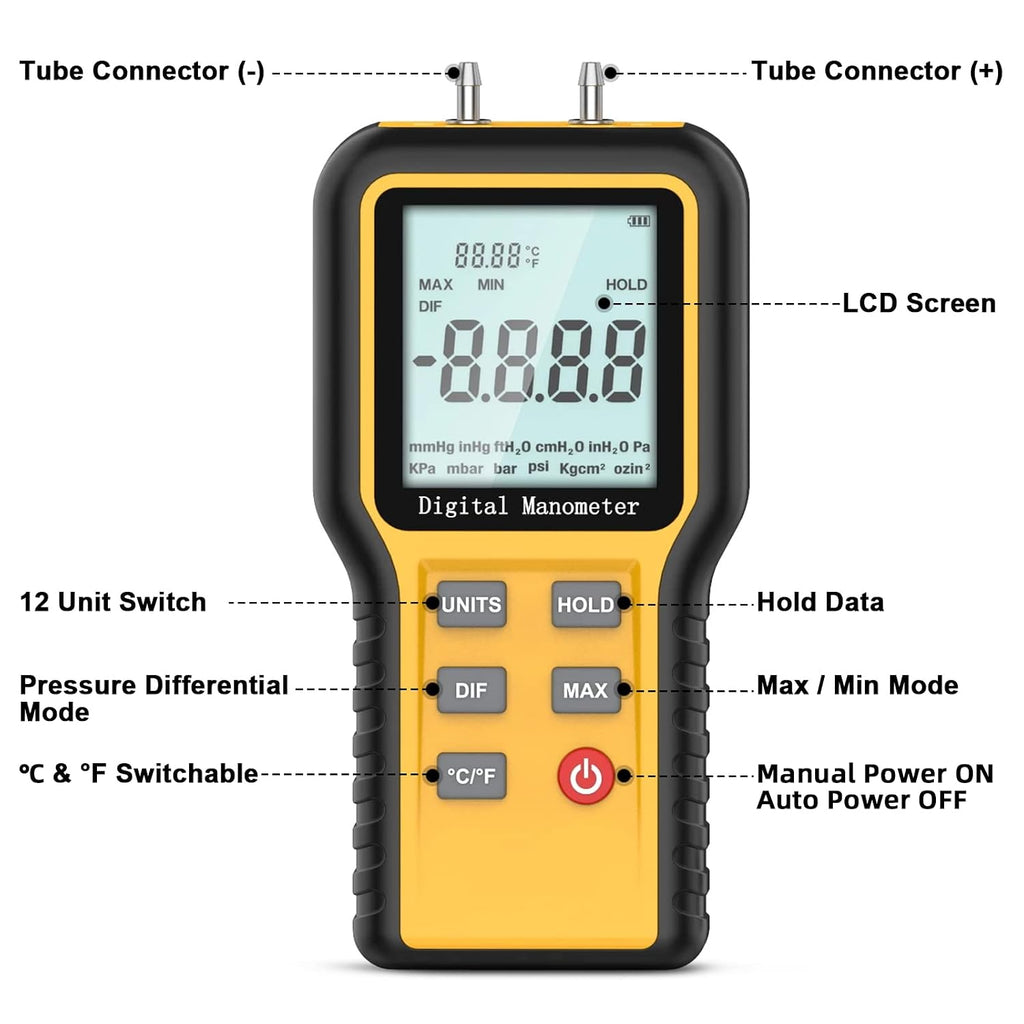 Manometer HVAC Gas Pressure Tester, Dual-Port Digital Monometer