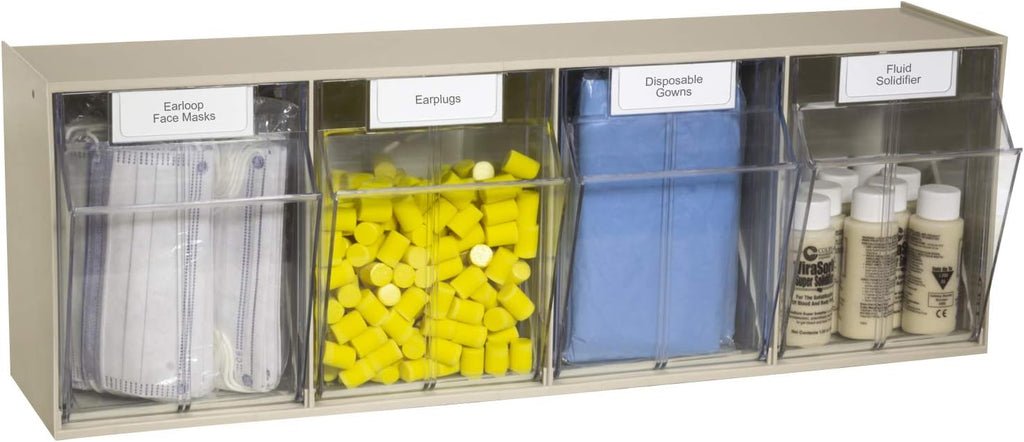 TiltView Plastic Storage Cabinet with 4 Tilt Out Bins, Horizontal Plastic Parts Organizer, Teacher Toolbox, and