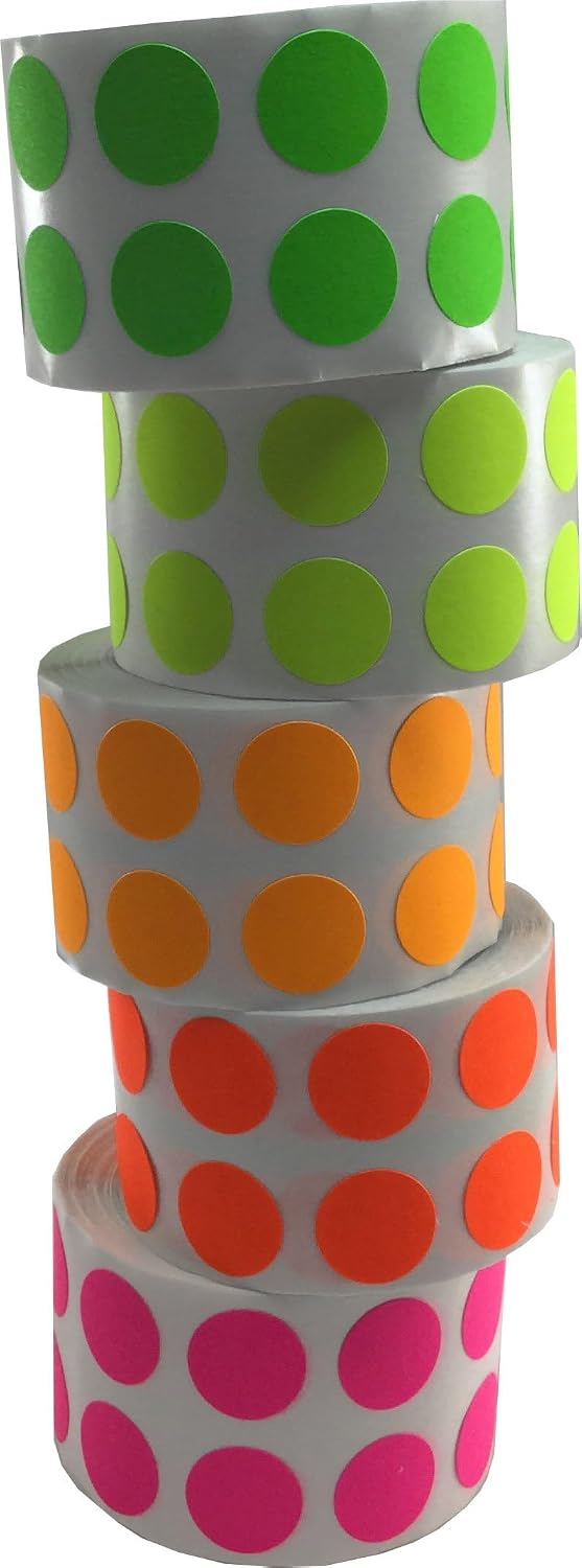 1/2" Color Coding Dot Stickers - Fluorescent Collection - 5,000 Total Labels