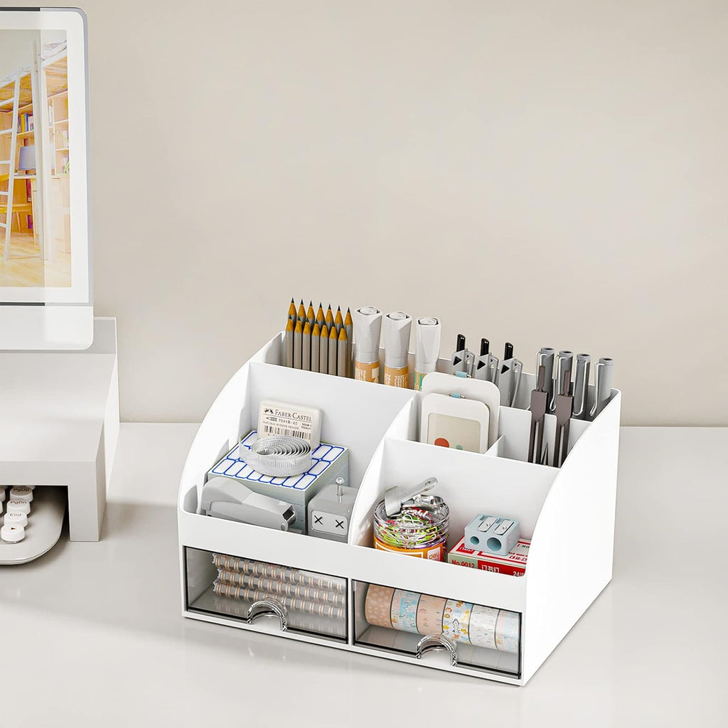 Desk Organizer with 6 Compartments and 2 Drawers, Plastic Makeup Organizer, Pen Holder for Desktop Storage, Desk