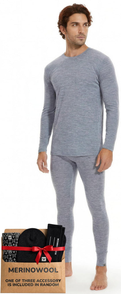 Merino Wool Base Layer Set for Men 100% Merino Wool Pajamas Set Thermal Sleep PJS Lite - Midweight Top, Bottom