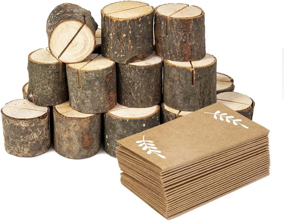 20Pcs Wood Place Card Holders and 24Pcs Kraft Table Place Cards, Rustic Table Number Holders, Food Labels, Name Card