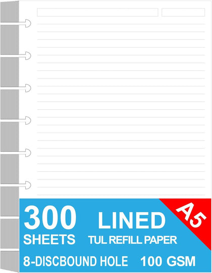 Junior Size Discbound Refill Paper - 8 Discs Discbound Paper, Lined Arc Paper Refill, 100gsm, Disc Paper Refill White