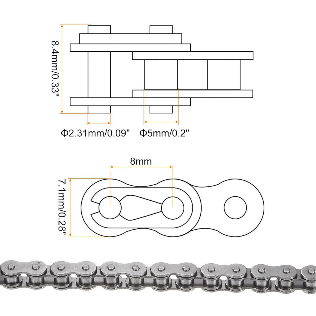uxcell 05B Metric Standard Roller Chain, 5 Feet Carbon Steel Chains 8mm