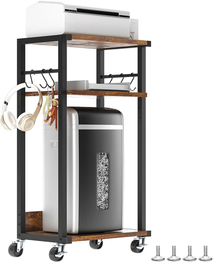 3-Tier Mobile Printer Stand 32.28*17.32*11.81" Rustic Brown HPT002H | Printer Cart with Adjustable Storage Shelf & 6