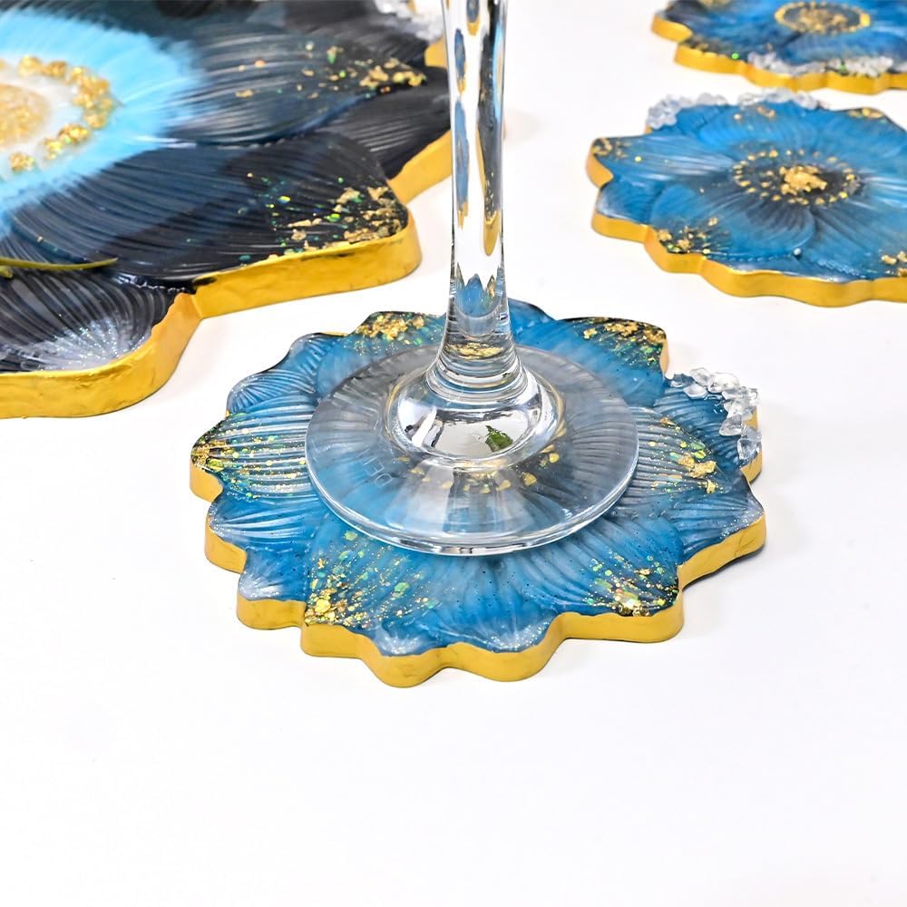 Large Flower Resin Tray Mold Set, White Silicone molds, 14 Inch with 4 Coaster Molds for DIY Crystal Geode Casting