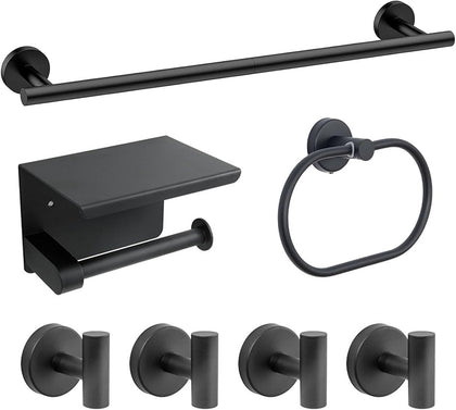 7-Piece Bathroom Hardware Accessories Set, SUS304 Towel Bar, Black | 25.9-Inch Towel Rack, Oval Towel Ring, Toilet