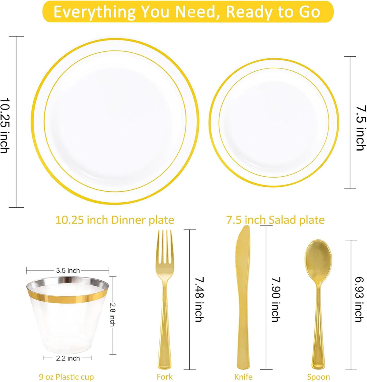 Disposable Plates & Gold Silverware Set, 350 Pieces for 50 Guests