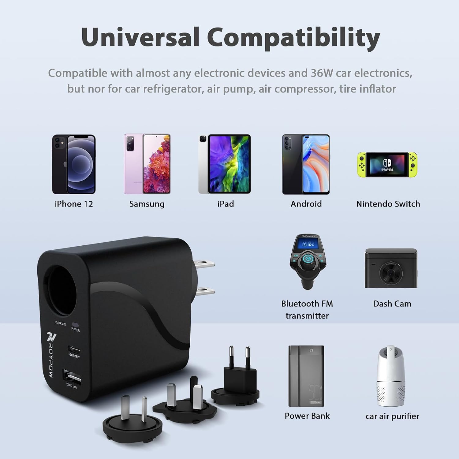 AC to DC Converter, 110V/120V to12V Converter, 36W USB C Charger with Car Cigarette Lighter Socket, 3-Ports Wall