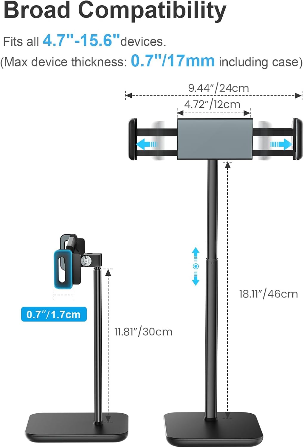 Height Adjustable Tablet Stand, 3.5lb (1.6kg) Max Support, Up to 18" Tall, Slim Portable Monitors Stand Compatible