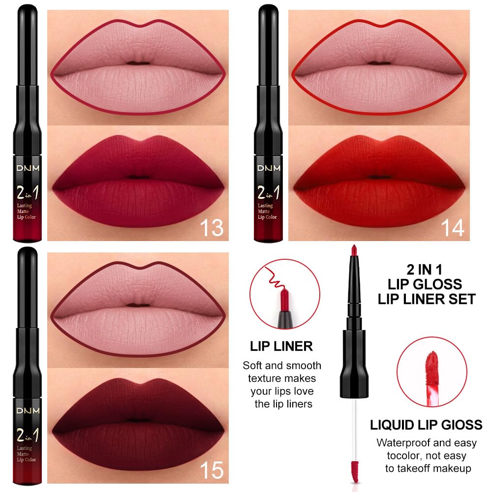 3Pcs Ruby Bright Dark Deep Red Lip Stain Lipstick with Lip Liner, Burgundy Red Matte Lip Liner and Liquid Lipstick