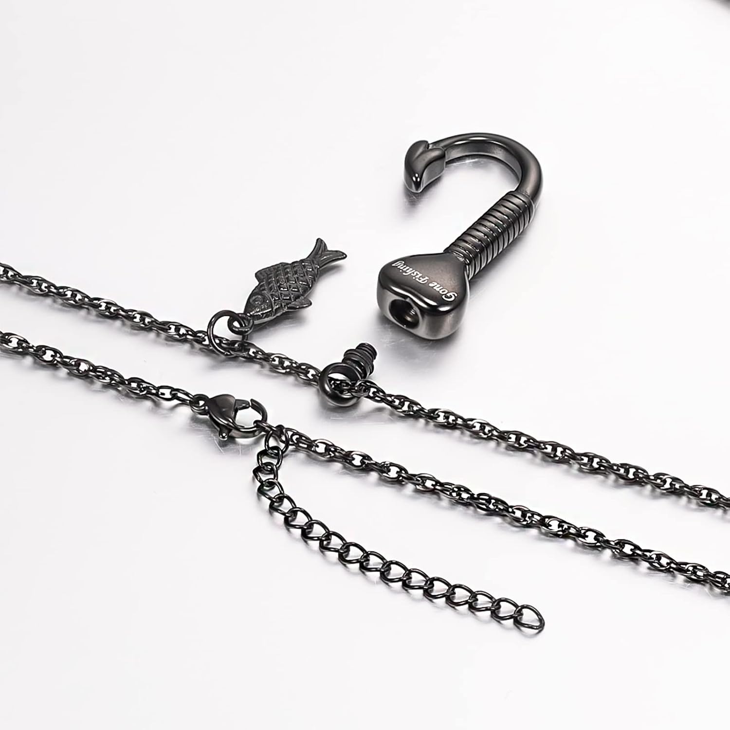Gone Fishing Urn Necklace for Ashes, Fish Hook Memorial Pendant