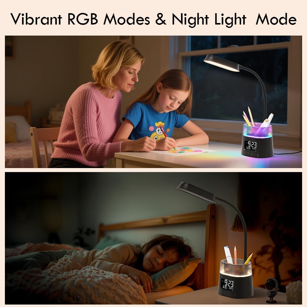 LED Kids Desk Lamp, Dimmable Study Lamp for Home Office Desk Accessories, with Pen Holder & Clock, USB Charging Port