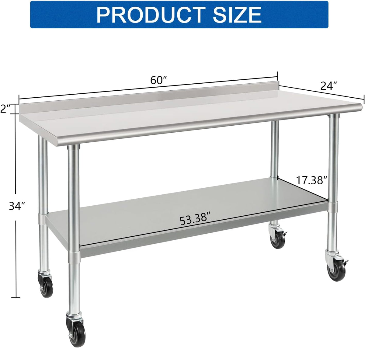 HARDURA Stainless Steel Table with Wheels 24X60 Inches, 2" Backsplash