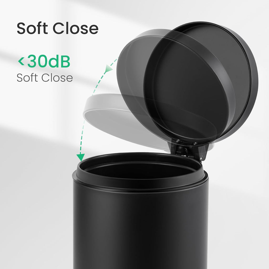 Small Round Bathroom Trash Can with Lid Soft Close, 1.2 Gal, Black | Removable Inner Bucket, Stainless Steel Garbage