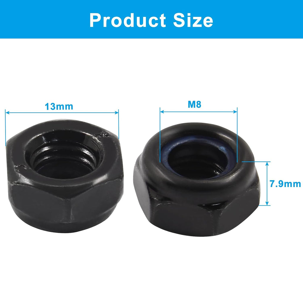 Hitefu M8 x 1.25mm Hex Lock Nuts, Black, 25PCS