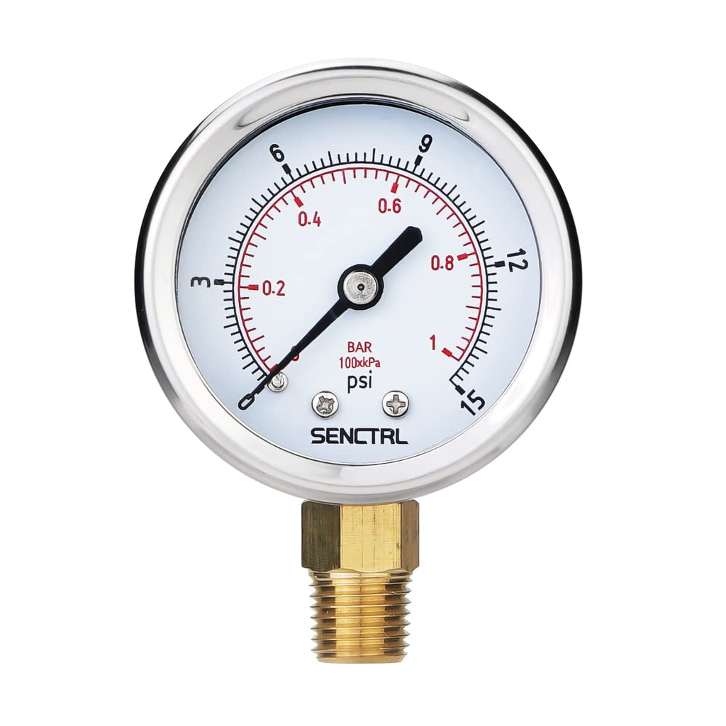 SENCTRL 0-15 Psi Low Pressure Gauge, 1/4 NPT Lower Mount