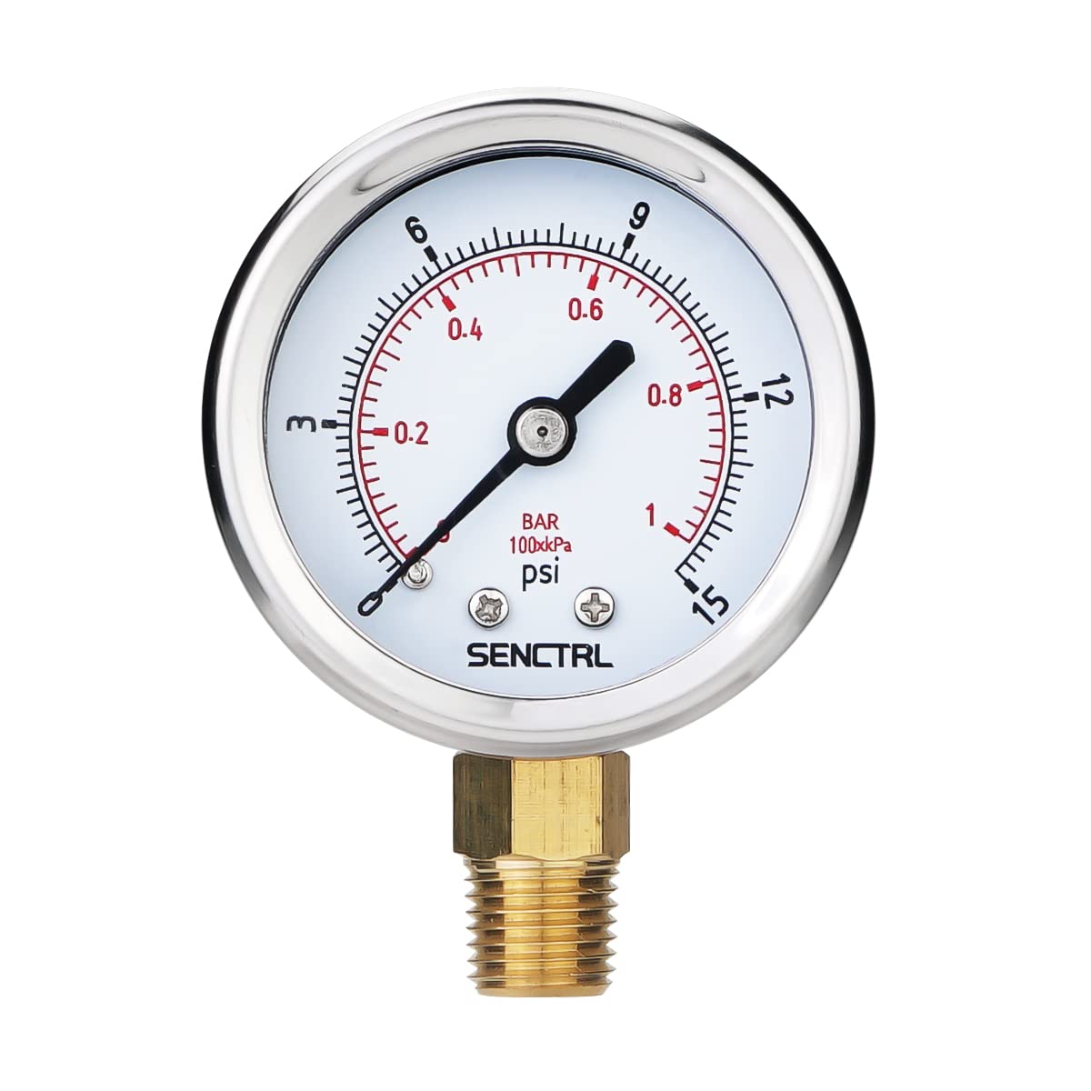 SENCTRL 0-15 Psi Low Pressure Gauge, 1/4 NPT Lower Mount