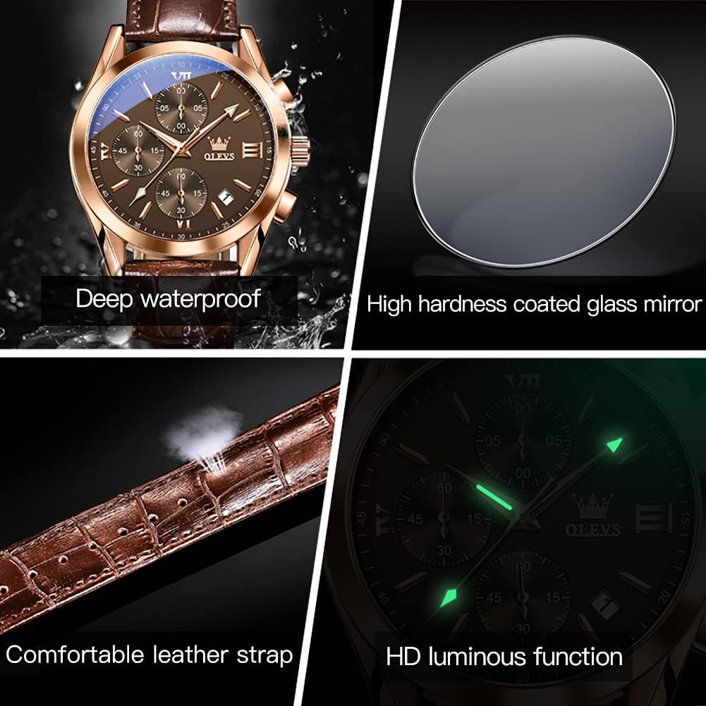 Men's Watches Brown Leather with Date,Casual Watches for Men,Large Face Watches Men,Chronograph Mens Watch,Sport