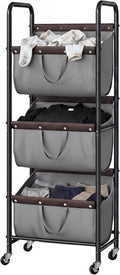 3 Tiered Laundry Sorter, Narrow Hamper Cart with Wheels | Sturdy 3 Section Laundry Basket with Wheels, Vertical Grey