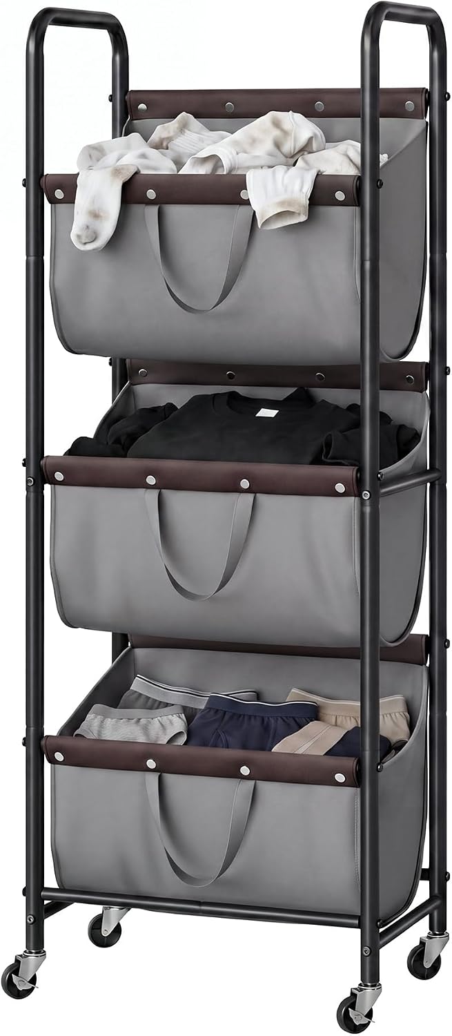 3 Tiered Laundry Sorter, Narrow Hamper Cart with Wheels | Sturdy 3 Section Laundry Basket with Wheels, Vertical Grey