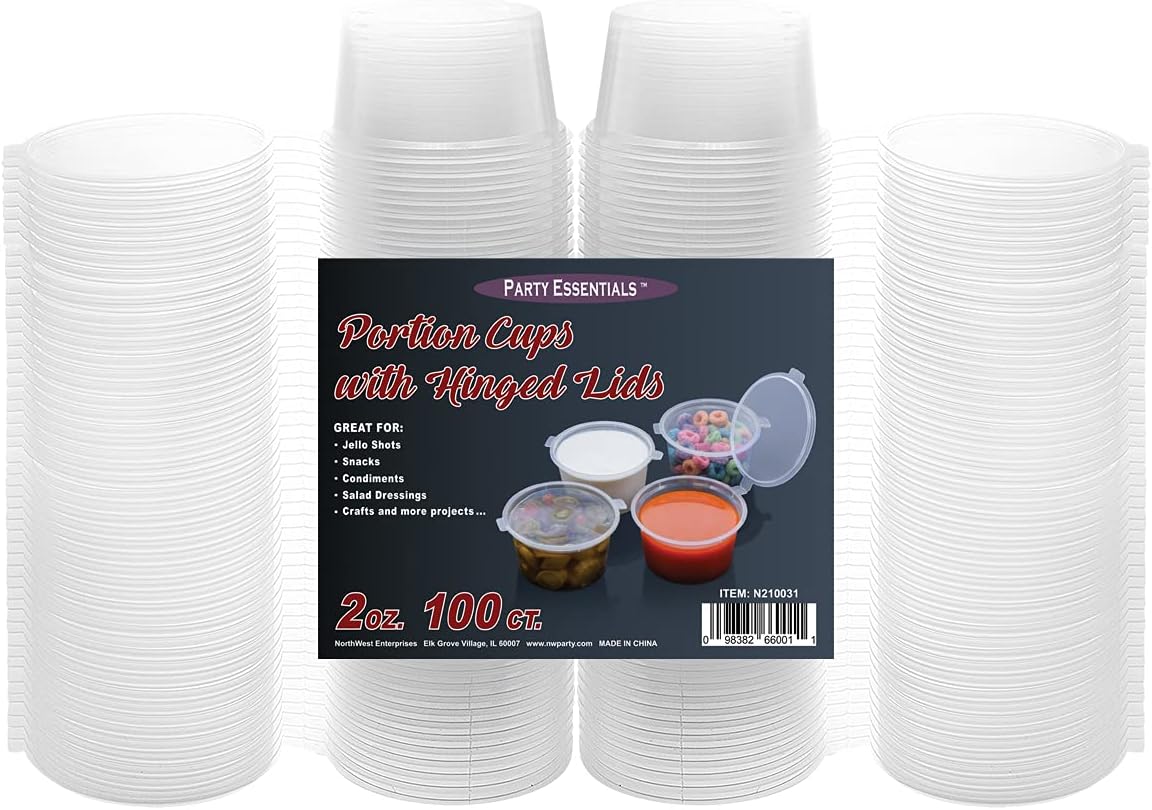 Leak Proof Plastic Condiment Souffle Containers with Attached Airtight Portion Cup with Hinged Lid for Sauces