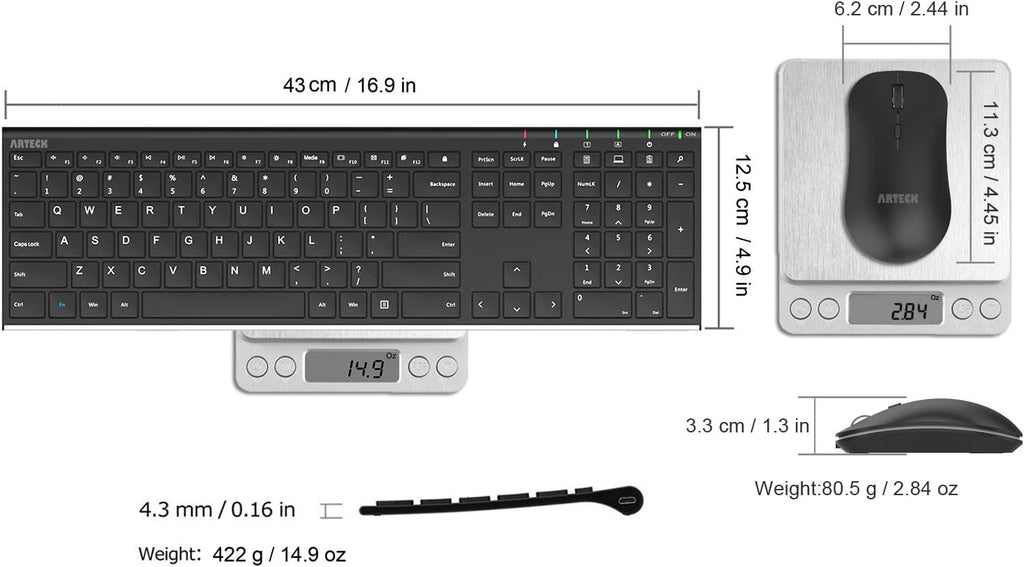 2.4G Wireless Keyboard and Mouse Combo Stainless Steel Ultra Slim Full Size Keyboard and Ergonomic Mice for Computer