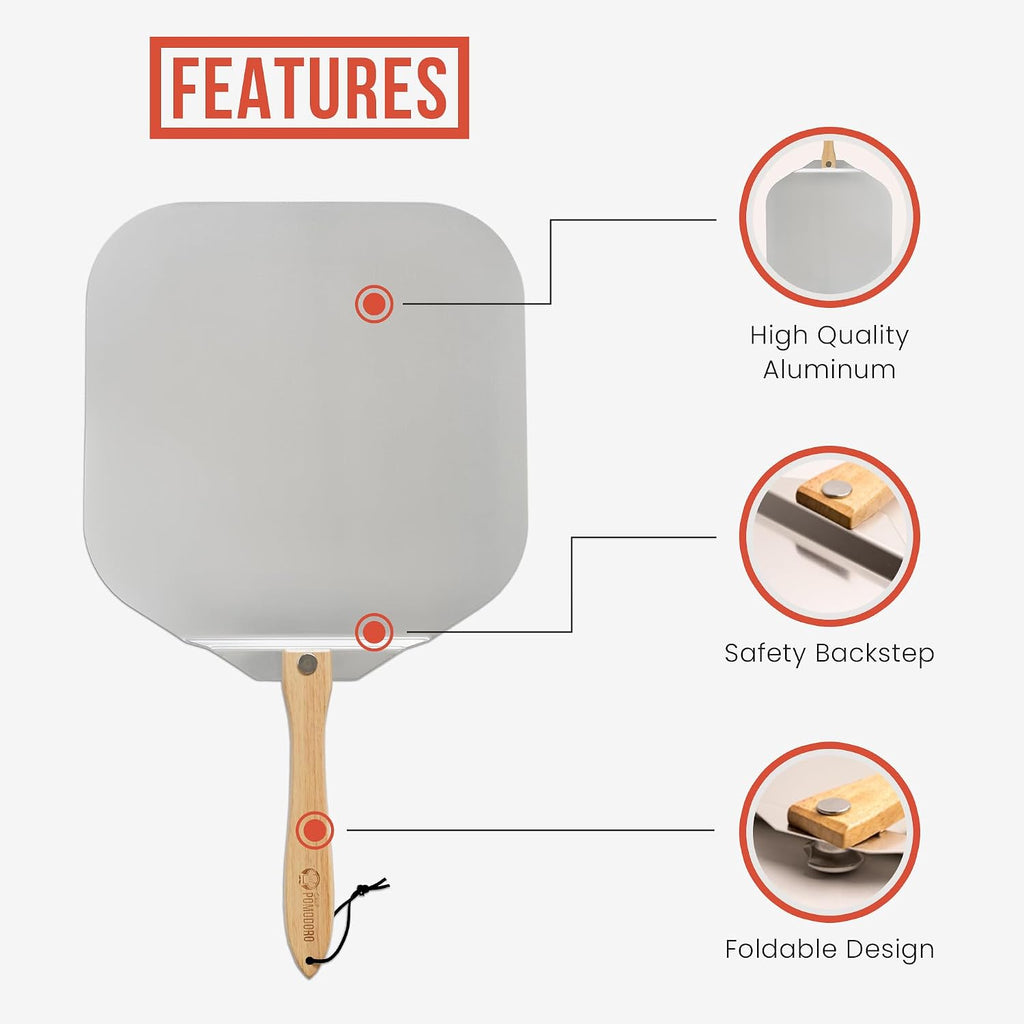 Aluminum Metal Pizza Peel 18 Inch, Foldable Wood Handle