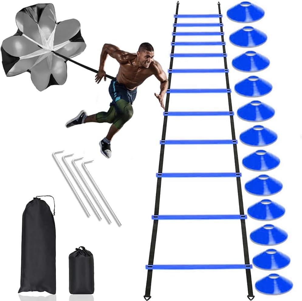 Football Training Equipment | Speed Agility Training Set, Including 1 Agility Ladder, 4 Steel Piles,12 Disc Cones,1