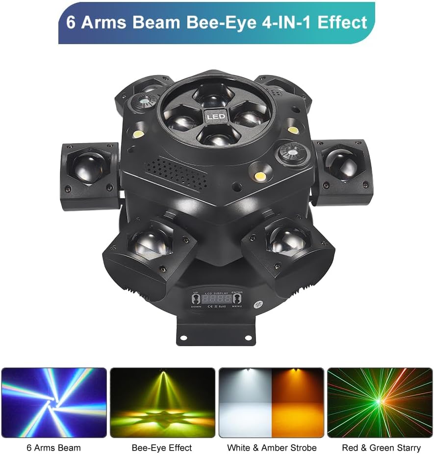 Moving Head DJ Lights, 150W LED Stage Lights 4-in-1 with Remote | 6 Arms Beam, Bee-Eye Effect, Red Green Starry