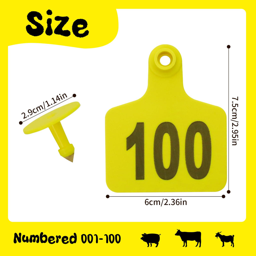 Cattle Ear Tags 001-100 Numbered Large Plastic Livestock Ear Tag ,Yellow
