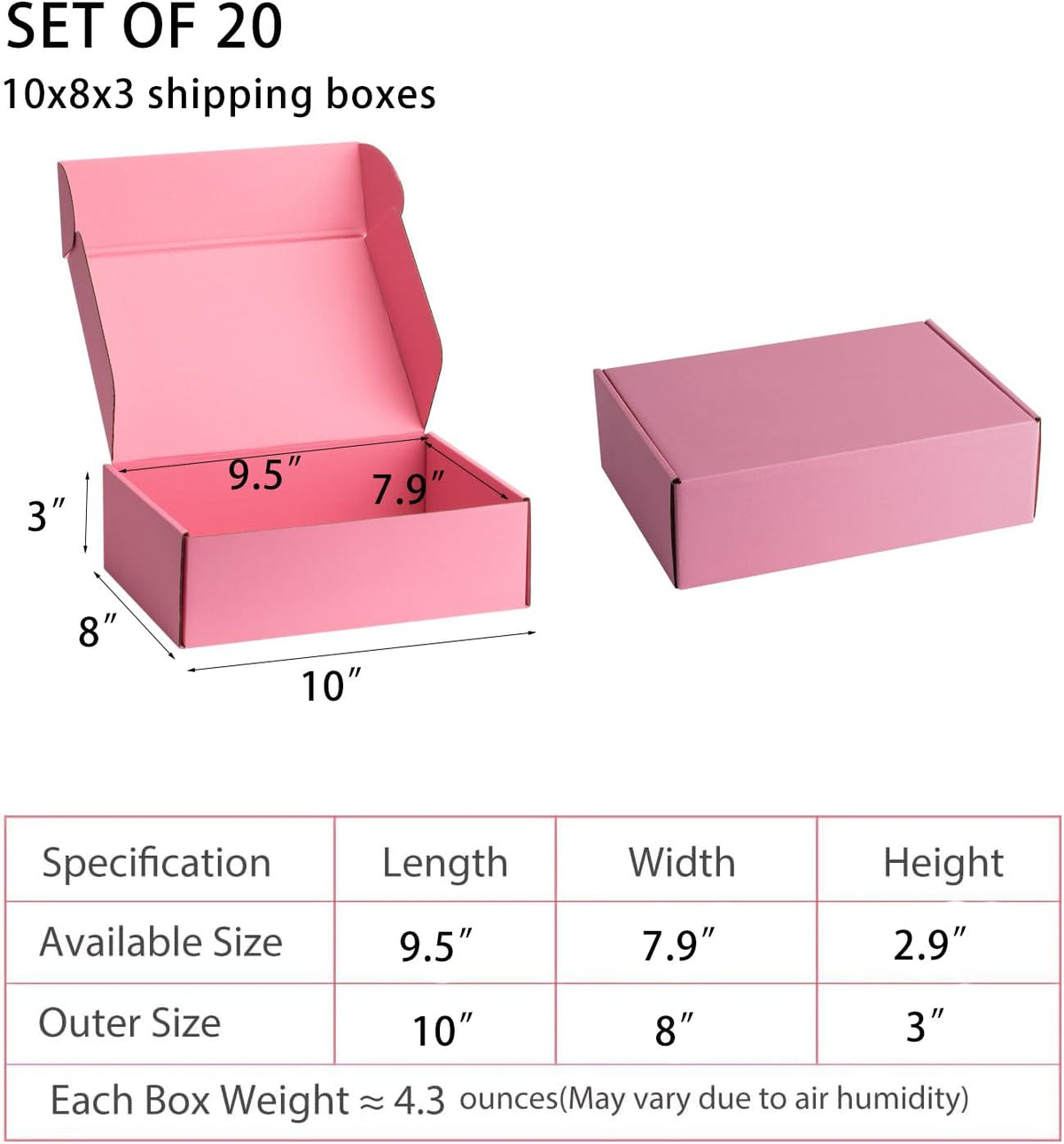 Pink Shipping Boxes 10x8x3 Inches, 20 Pack