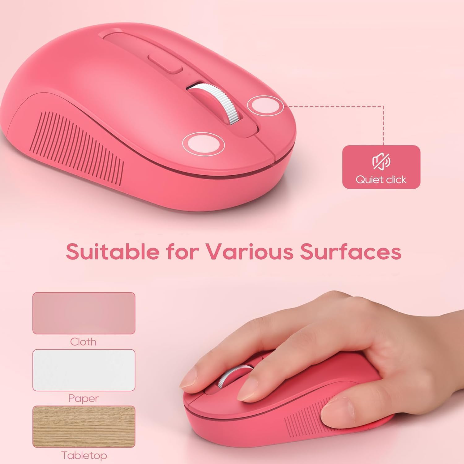 Wireless Keyboard and Mouse Combo, Round Keycaps, Magnetic Wrist Rest, Pink | Full-Size Retro Typewriter-Style