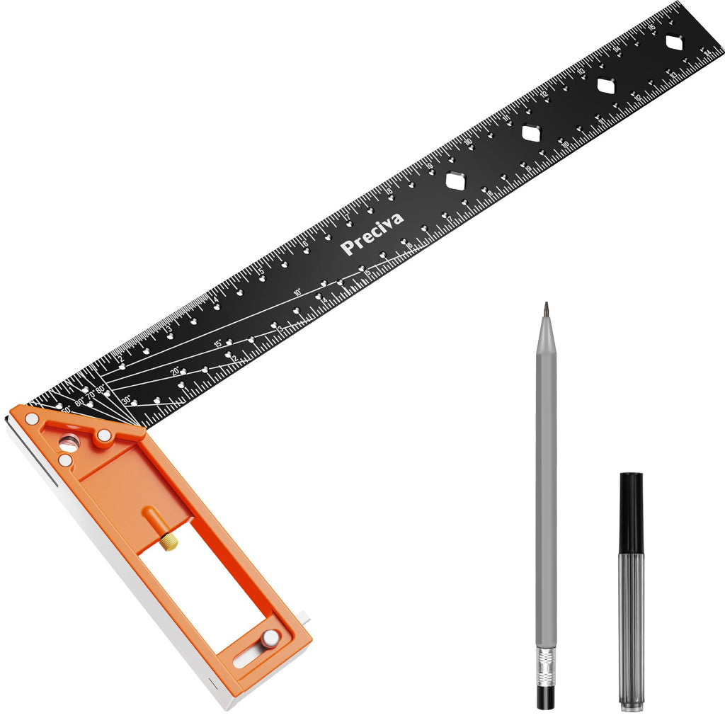 16” Woodworking Square Ruler - Preciva 1/16” Scale Right Angle Ruler Carpenter Square Layout Tool, Retractable Edge Support and Multi-Angle Scribe Mark, Includes Carpentry Pencil