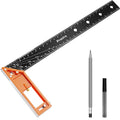16” Woodworking Square Ruler - Preciva 1/16” Scale Right Angle Ruler Carpenter Square Layout Tool, Retractable Edge Support and Multi-Angle Scribe Mark, Includes Carpentry Pencil