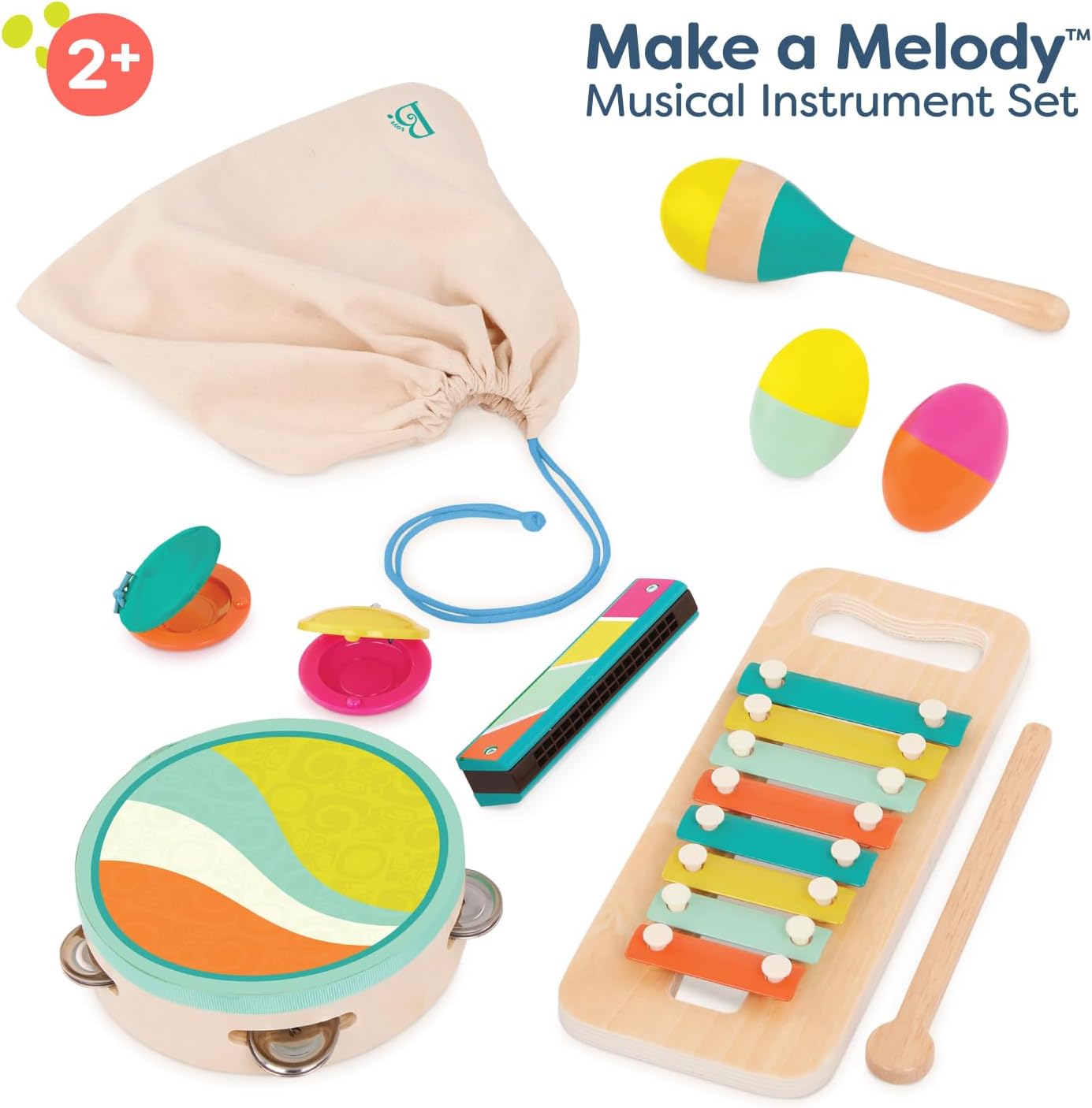 Wooden Musical Instruments, Make a Melody, 9-Piece Set, Interactive | Includes xylophone, tambourine, harmonica