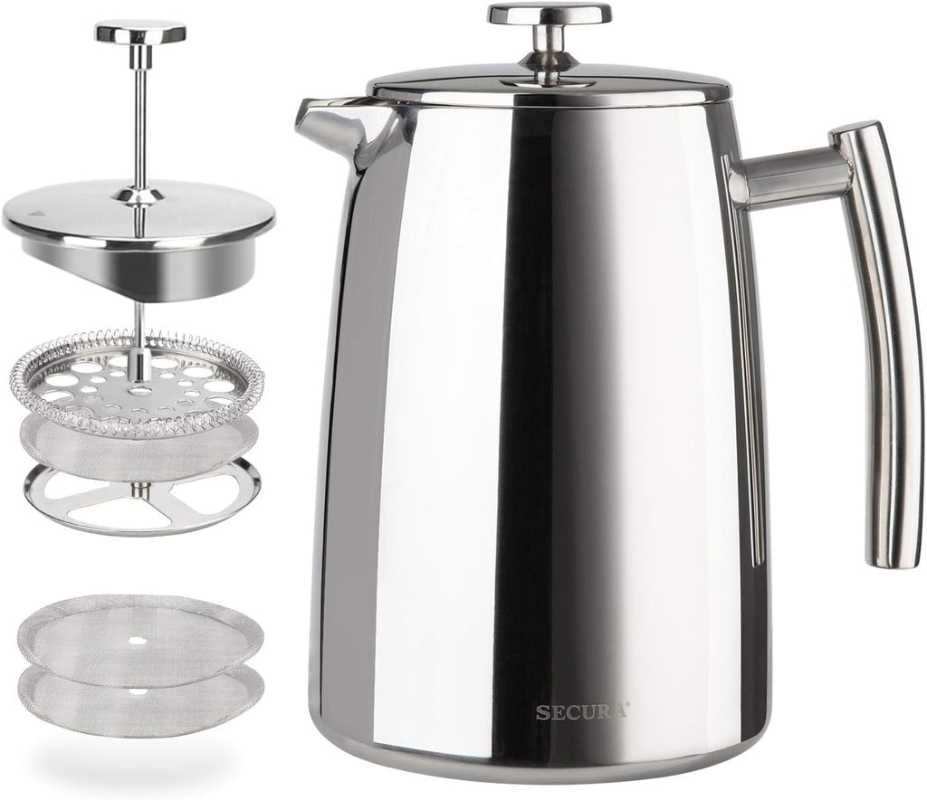 French Press Coffee Maker, 34-Ounce, 304 Stainless Steel Insulated Coffee Press with Extra Screen