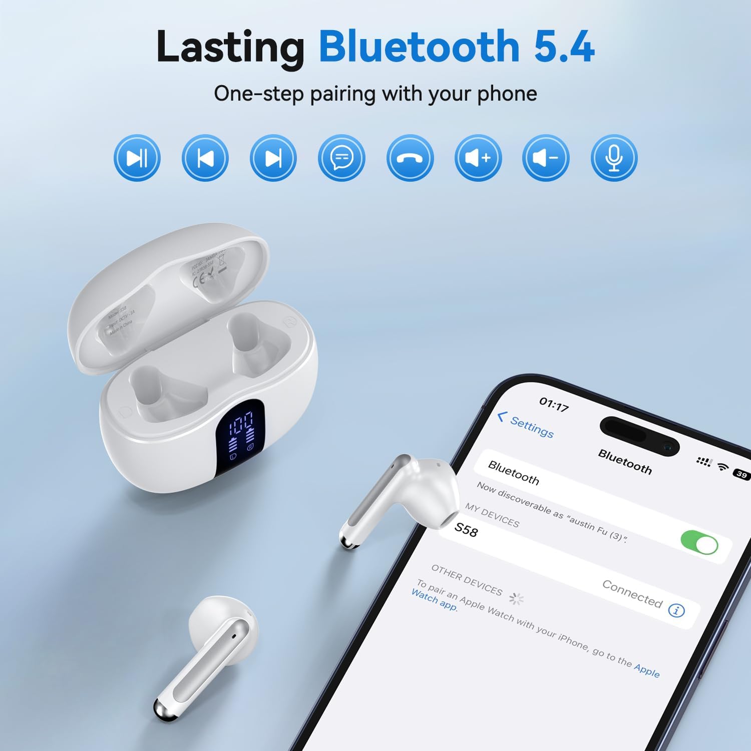 Wireless Earbuds, Bluetooth 5.4 Headphones HiFi Stereo with 4 HD Mic, 50H Playtime Bluetooth Earbuds with LED