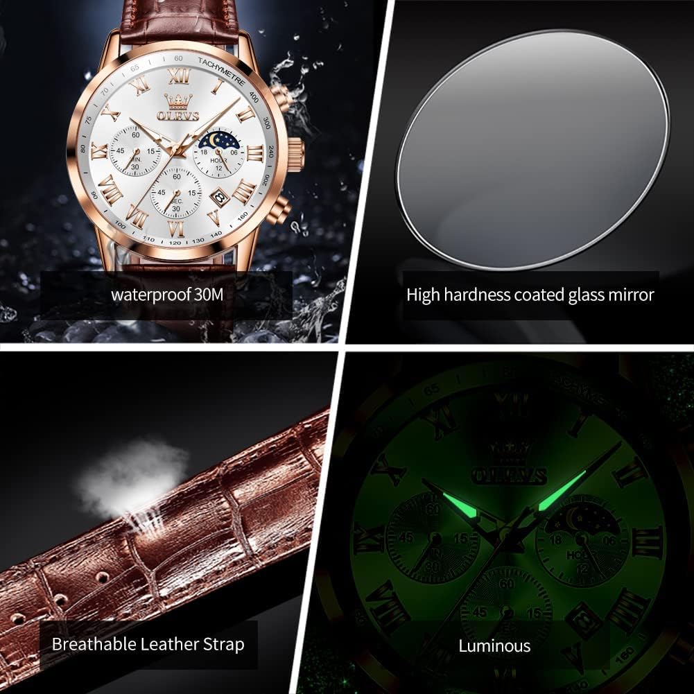 Mens Watches Leather Chronograph Luxury Fashion Dress Analog Quartz Wrist Watch Luminous Waterproof Moon Phase Date