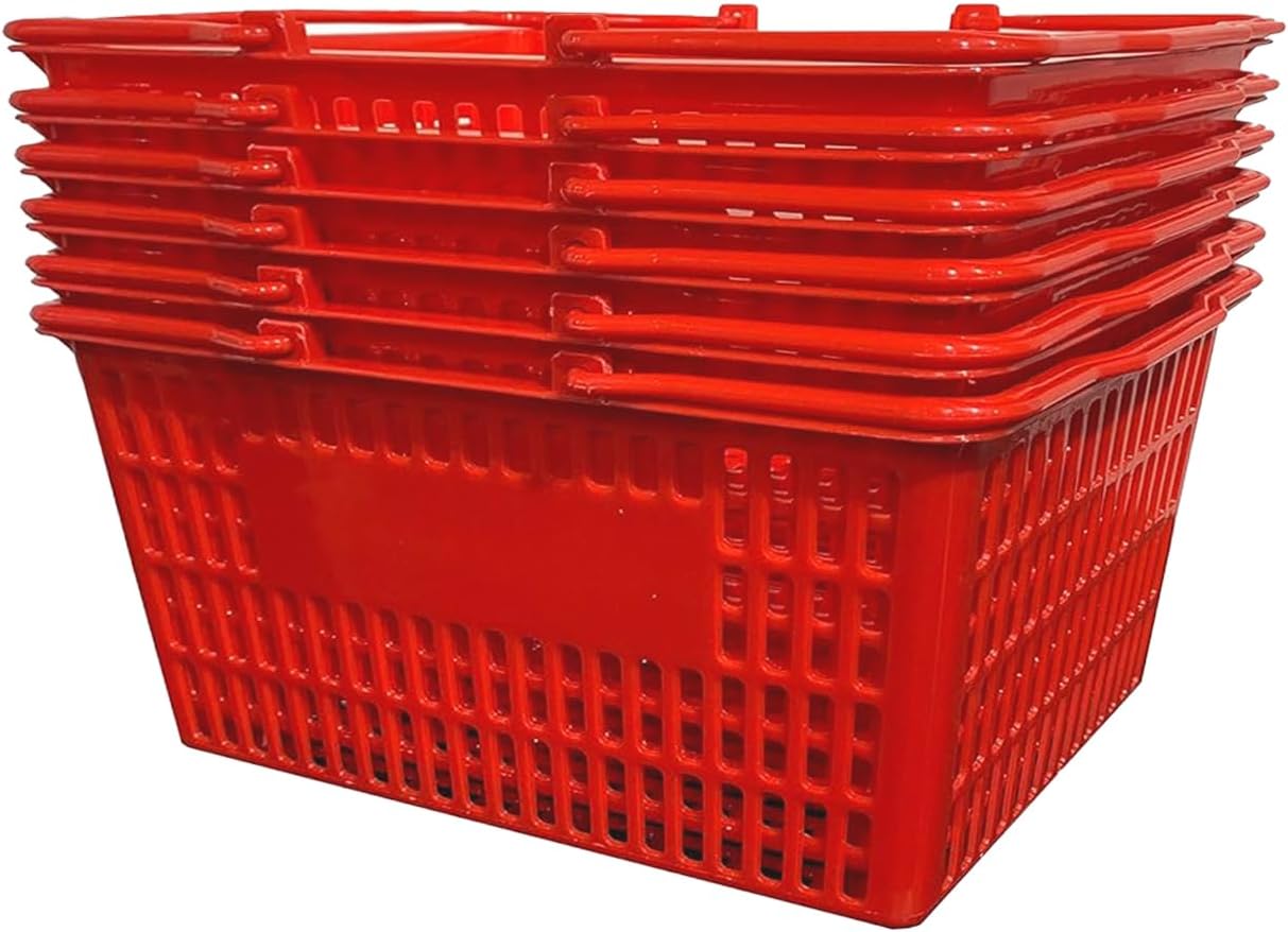 Stackable Plastic Shopping Baskets, Red and Blue, Easy-Grip Handles for Grocery, Retail, Liquor Stores, Home Use