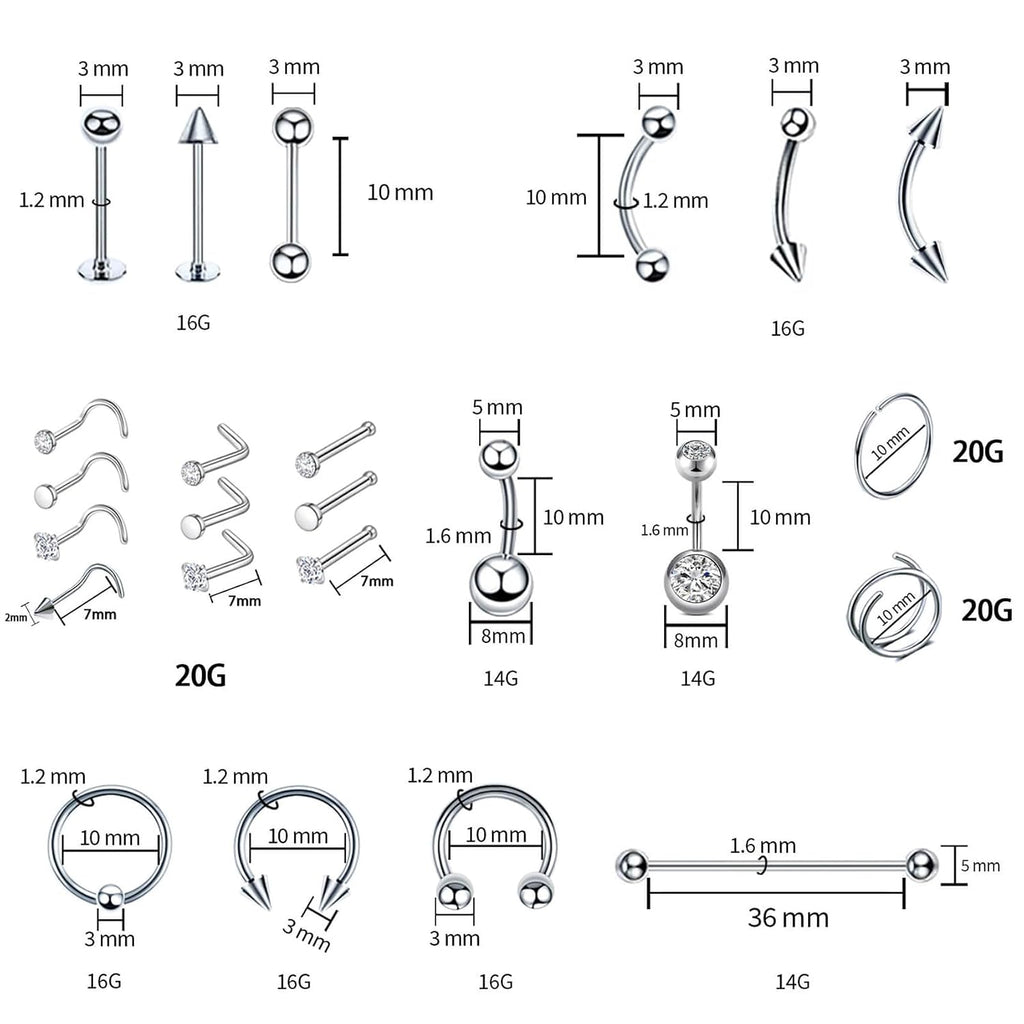 103PCS Piercing Kit for all Body Piercings Stainless Steel Piercing Jewelry with 12G 14G 16G 20G Piercing Needles and
