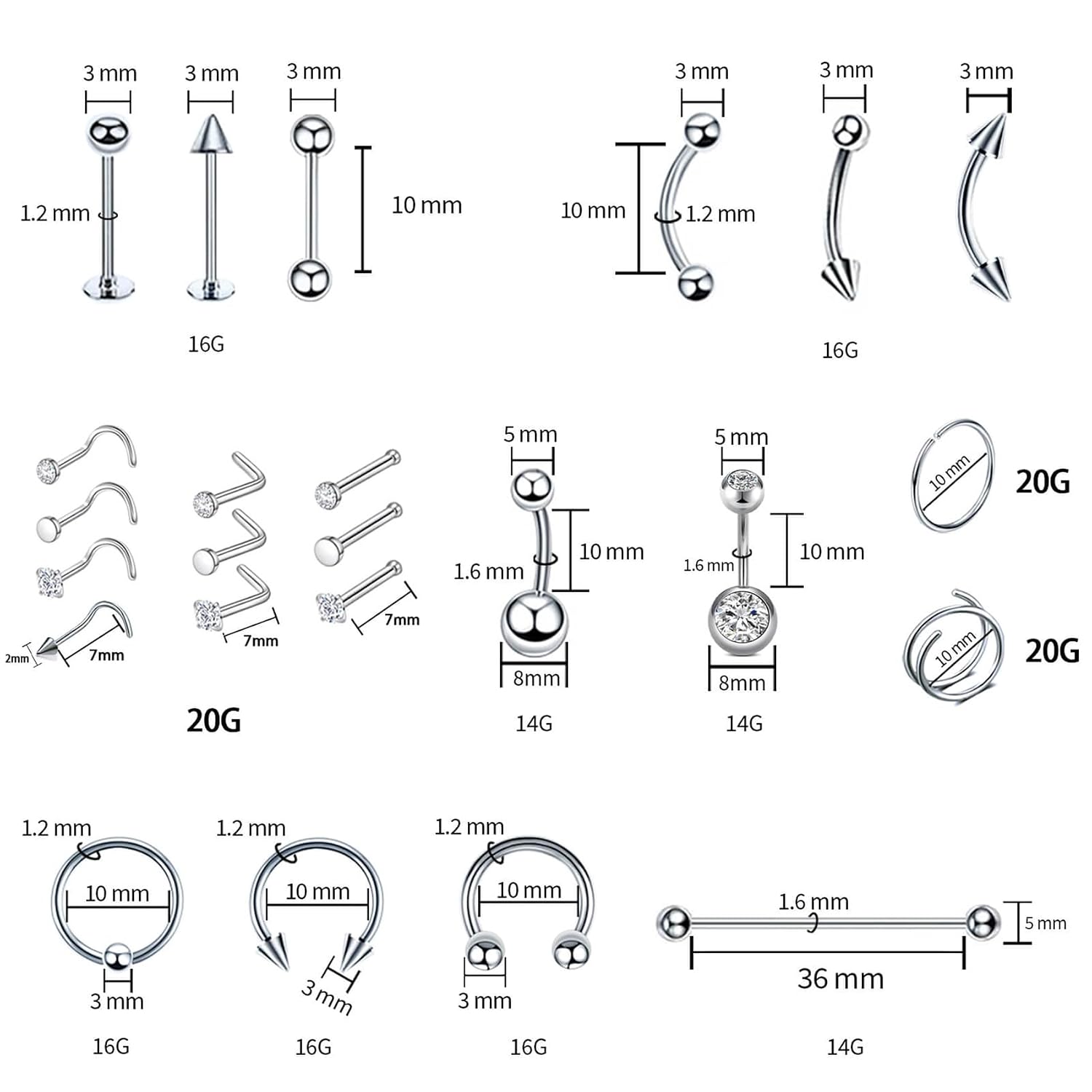 103PCS Piercing Kit for all Body Piercings Stainless Steel Piercing Jewelry with 12G 14G 16G 20G Piercing Needles and