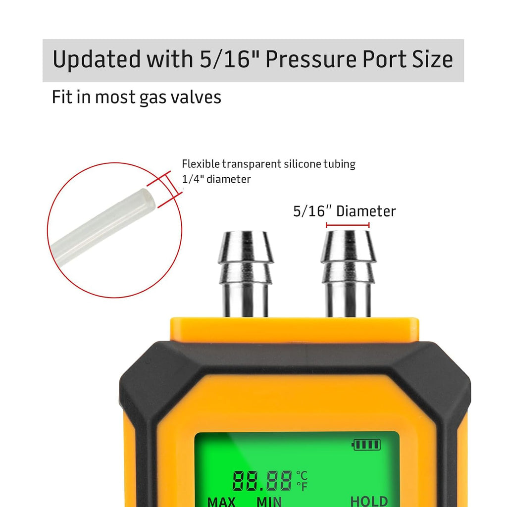 5/16 Inches Diameter Pressure Port Digital Manometer, YZT Meter Dual Port Air Pressure Meter Pressure Gauge HVAC Gas Tester, Differential Pressure Manometer