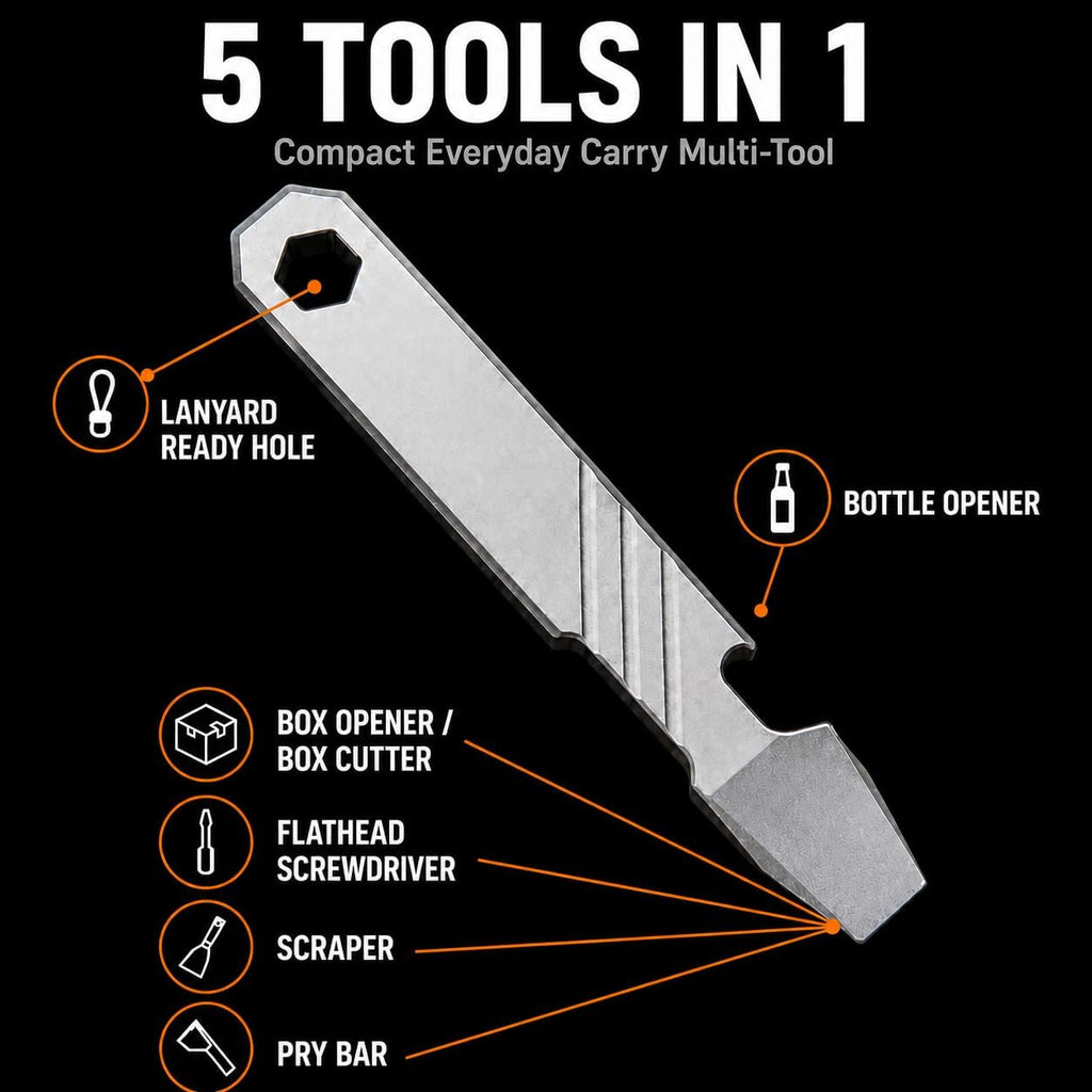 Titanium EDC Pry Bar Tool – 4” Pocket Prybar with Bottle Opener, Flathead Screwdriver, Box Opener & Scraper – Compact