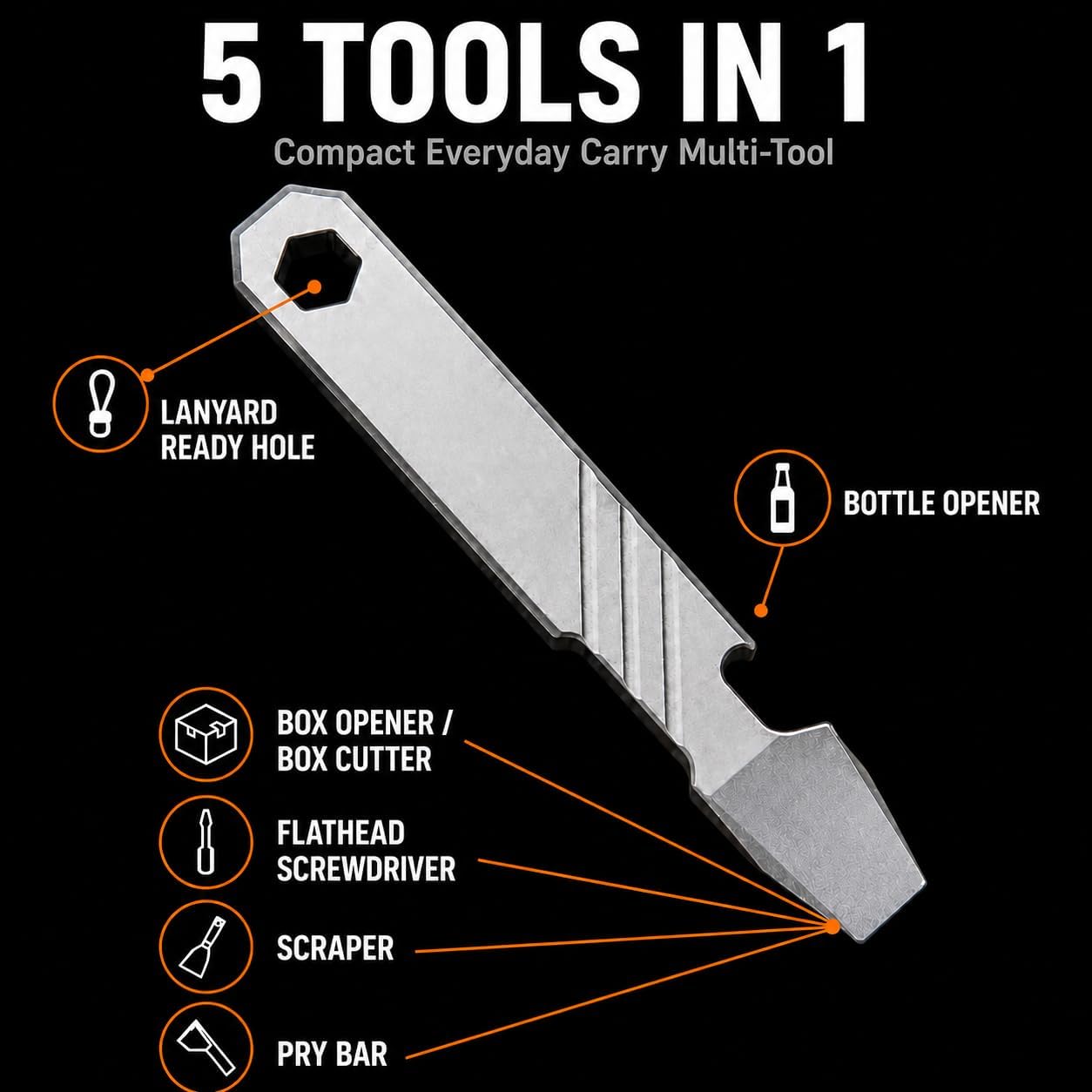 Titanium EDC Pry Bar Tool – 4” Pocket Prybar with Bottle Opener, Flathead Screwdriver, Box Opener & Scraper – Compact