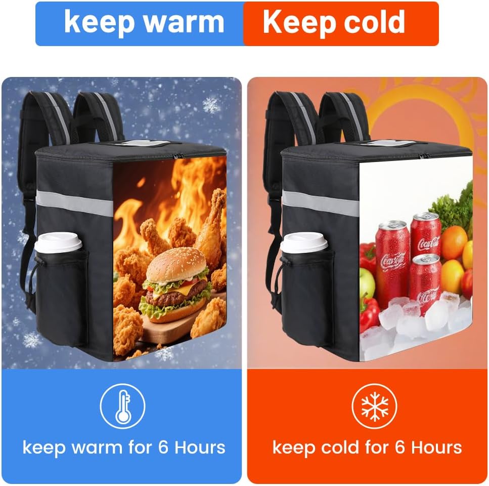Insulated Food Delivery Backpack, 2 Cup Holders, Hot & Cold, Black