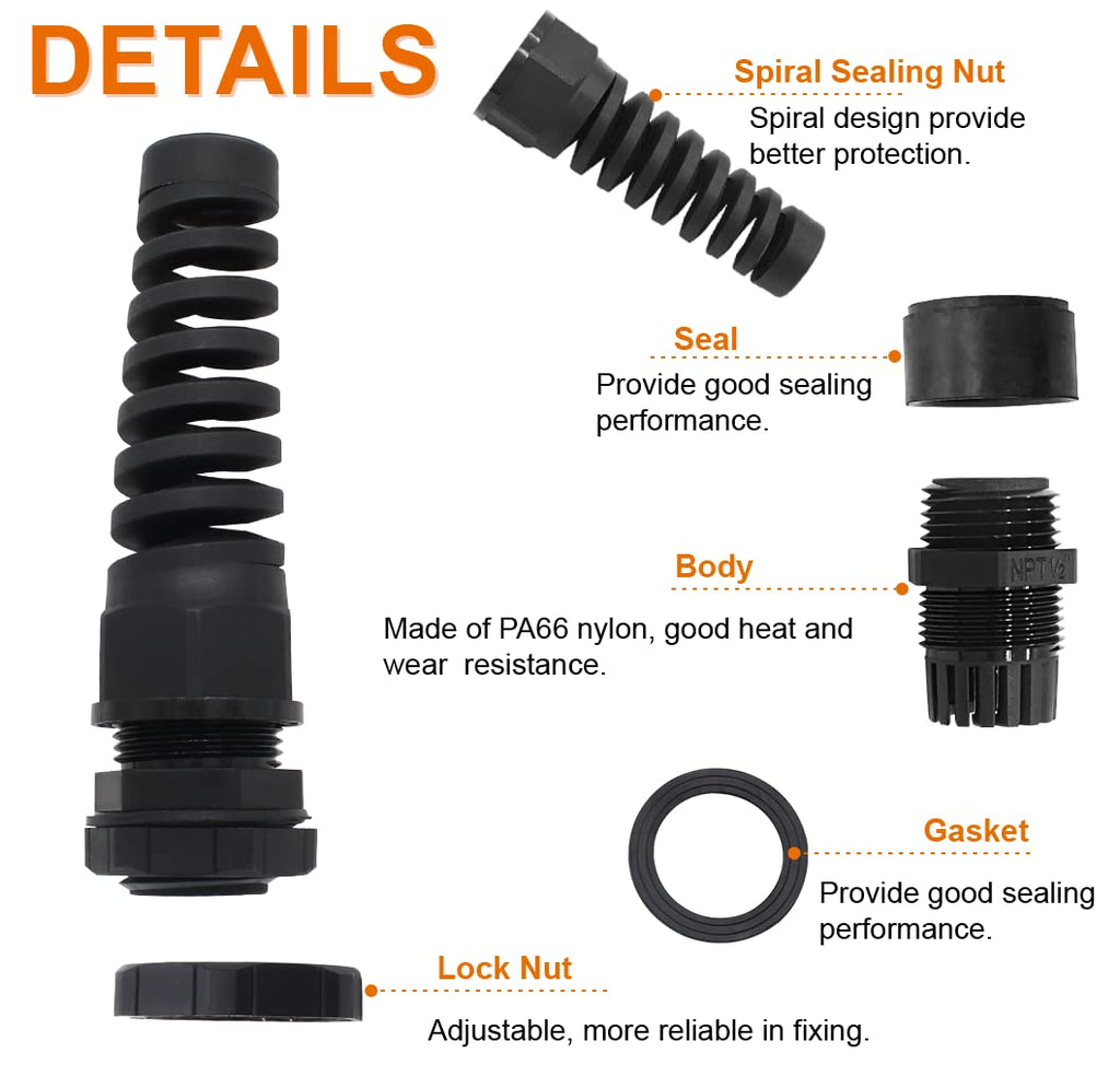 LifCratms 2Pcs NPT 1/2" Black Cable Gland, 7-12mm Cable Range